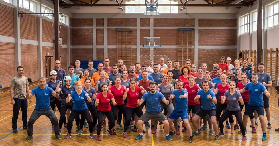 Grup executând mișcări sincronizate la Haka Dance, o activitate de energizare team building.