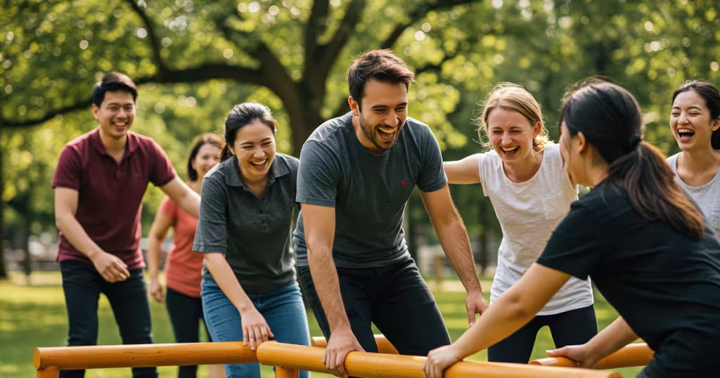 O echipă corporate diversă colaborează cu entuziasm și bucurie la o activitate fizică de team building outdoor într-un parc însorit, depășind barierele de comunicare. Aceasta ilustrează reconectarea organică specifică programelor Yes Academy.